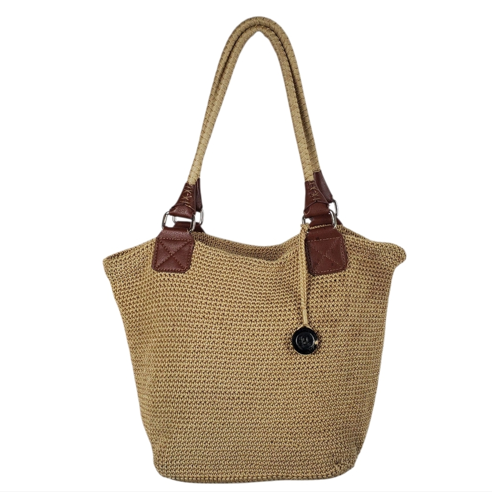 THE SAK Brown Leather Trim Straw Tote Bag with Charm